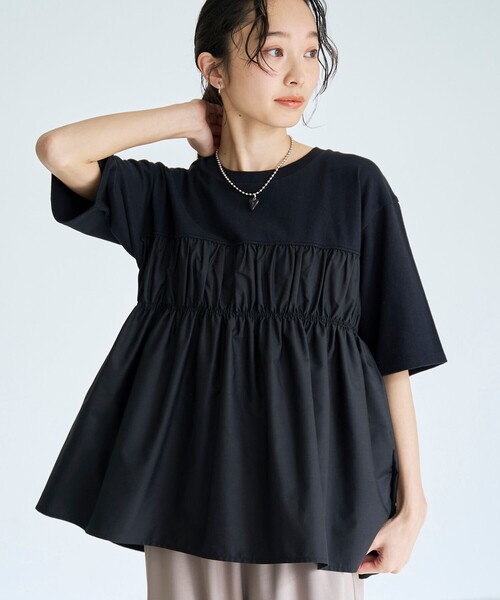 coen(コーエン)の「布帛ドッキング 切替ギャザーTシャツ(Tシャツ/カットソー・レディース・オフホワイト/ブラック/ライム・L/M)」の2枚目の写真