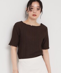 THE SHOP TK （ザ ショップ ティーケー ）の「さりげないフリルがアクセント チェック柄5分袖カットソー（Tシャツ/カットソー・レディース）」