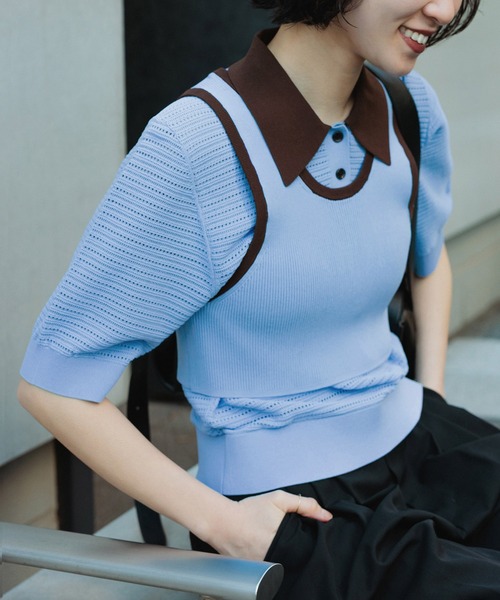 ADAM ET ROPE'（アダムエロペ）の「【サステナブル】タンクコンビパターンポロニット（ポロシャツ・レディース・オフホワイト/ブラウン/サックスブルー・FREE）」の6枚目の写真