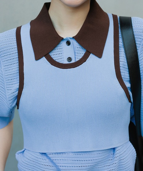 ADAM ET ROPE'（アダムエロペ）の「【サステナブル】タンクコンビパターンポロニット（ポロシャツ・レディース・オフホワイト/ブラウン/サックスブルー・FREE）」の7枚目の写真
