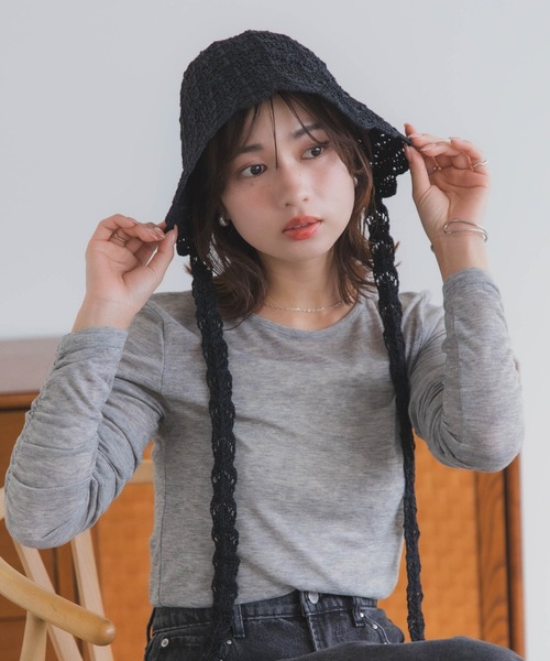 polcadot（ポルカドット）の「クロシェハット / かぎ編み ストラップ付き ナチュラル フリーサイズ（ハット・レディース・ベージュ/ブラック・FREE）」の5枚目の写真