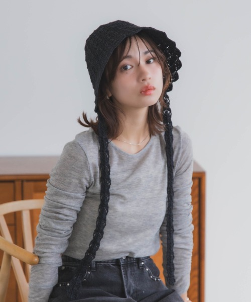 polcadot（ポルカドット）の「クロシェハット / かぎ編み ストラップ付き ナチュラル フリーサイズ（ハット・レディース・ベージュ/ブラック・FREE）」の11枚目の写真