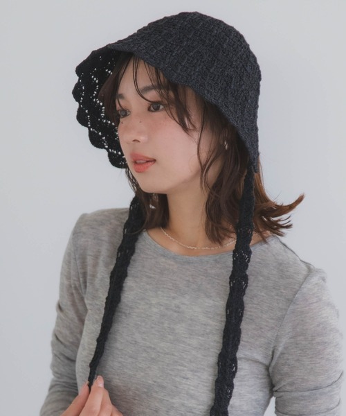 polcadot（ポルカドット）の「クロシェハット / かぎ編み ストラップ付き ナチュラル フリーサイズ（ハット・レディース・ベージュ/ブラック・FREE）」の3枚目の写真