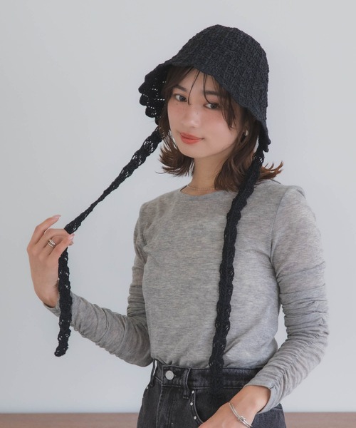 polcadot（ポルカドット）の「クロシェハット / かぎ編み ストラップ付き ナチュラル フリーサイズ（ハット・レディース・ベージュ/ブラック・FREE）」の6枚目の写真