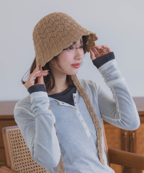 polcadot（ポルカドット）の「クロシェハット / かぎ編み ストラップ付き ナチュラル フリーサイズ（ハット・レディース・ベージュ/ブラック・FREE）」の14枚目の写真