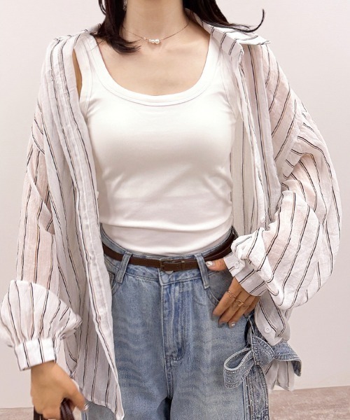 CLOTHY（クロシィ）の「【日差し対策＆UVケア♪】オーバーサイズストライプシアーシャツ（シャツ/ブラウス・レディース・グリーン/オフホワイト/ベージュ・FREE）」の18枚目の写真