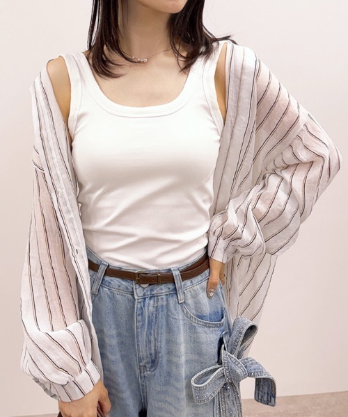 CLOTHY（クロシィ）の「【日差し対策＆UVケア♪】オーバーサイズストライプシアーシャツ（シャツ/ブラウス・レディース・グリーン/オフホワイト/ベージュ・FREE）」の19枚目の写真