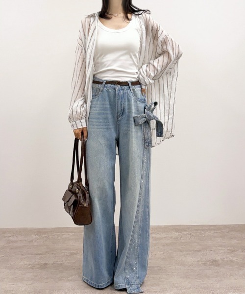 CLOTHY（クロシィ）の「【日差し対策＆UVケア♪】オーバーサイズストライプシアーシャツ（シャツ/ブラウス・レディース・グリーン/オフホワイト/ベージュ・FREE）」の22枚目の写真