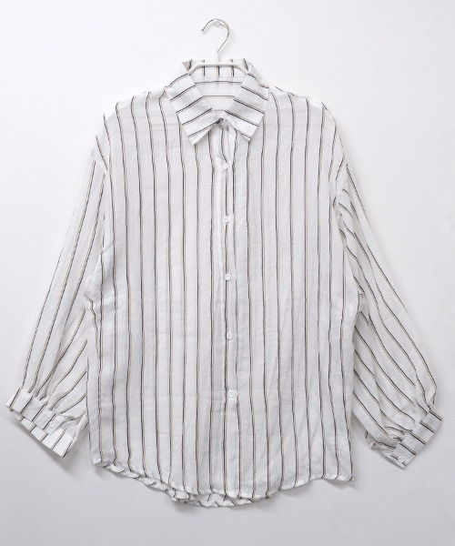 CLOTHY（クロシィ）の「【日差し対策＆UVケア♪】オーバーサイズストライプシアーシャツ（シャツ/ブラウス・レディース・グリーン/オフホワイト/ベージュ・FREE）」の14枚目の写真