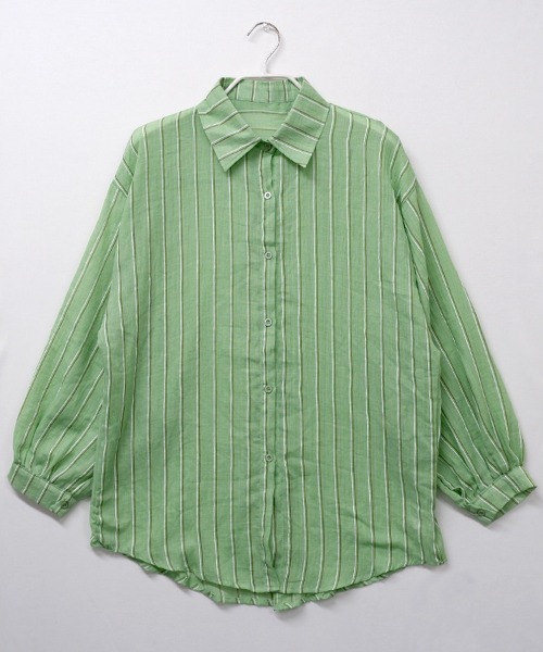 CLOTHY（クロシィ）の「【日差し対策＆UVケア♪】オーバーサイズストライプシアーシャツ（シャツ/ブラウス・レディース・グリーン/オフホワイト/ベージュ・FREE）」の16枚目の写真