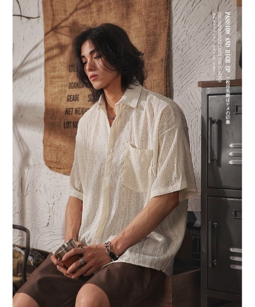 Ritzy(リッツィー)の「レース素材 オープンカラー半袖シャツ(シャツ/ブラウス・メンズ・ホワイト・XL/L/M)」の7枚目の写真
