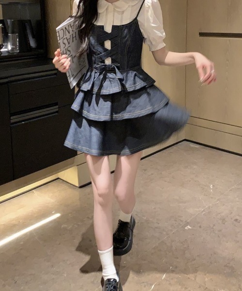 almo(アルモ)の「【LAMPOON】デニムリボンキャミワンピース(ワンピース・レディース・ネイビー・LARGE/MEDIUM/SMALL)」の6枚目の写真