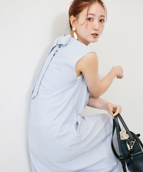coca(coca)(コカ)の「【伊藤千晃様着用】\速乾/ストレッチ/しわになりにくい/バックリボンノースリーブワンピース(ワンピース・レディース・ストライプ/ブラック・L/M)」の19枚目の写真