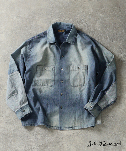 JOURNAL STANDARD J.S HOMESTEAD(ジャーナルスタンダードホームステッド)の「J.S.Homestead / シャンブレー リペア フェード シャツ(シャツ/ブラウス・メンズ・ブラック系その他/コバルトブルー・LARGE/MEDIUM)」の2枚目の写真
