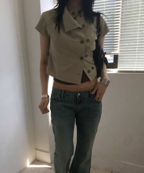 Lis ardent(リスアルダン)の「スタンドカラー ダブルボタン 半袖シャツトップス(シャツ/ブラウス・レディース・ブラック/ベージュ・M)」の18枚目の写真