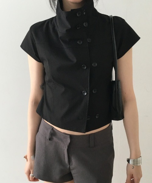 Lis ardent(リスアルダン)の「スタンドカラー ダブルボタン 半袖シャツトップス(シャツ/ブラウス・レディース・ブラック/ベージュ・M)」の21枚目の写真