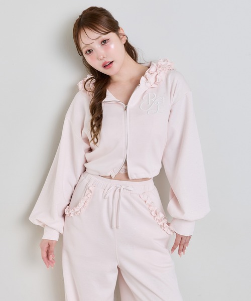 one after another NICE CLAUP(ワンアフターアナザーナイスクラップ)の「【UVカット/セットアップ可能】フリルフードキラキラショートパーカー/パンツ別売り(パーカー・レディース・ピンク/ブラウン/チャコールグレー/オフホワイト/ブラック・FREE)」の8枚目の写真
