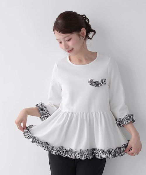 Fit more(フィットモア)の「チェックフリル七分袖トップス(その他トップス・レディース・グレー/ホワイト/ブラック・FREE)」の2枚目の写真