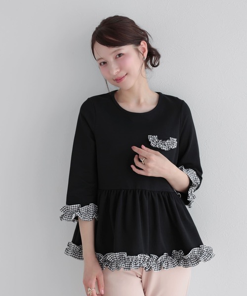 Fit more(フィットモア)の「チェックフリル七分袖トップス(その他トップス・レディース・グレー/ホワイト/ブラック・FREE)」の1枚目の写真
