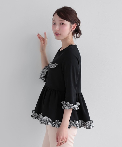 Fit more(フィットモア)の「チェックフリル七分袖トップス(その他トップス・レディース・グレー/ホワイト/ブラック・FREE)」の4枚目の写真