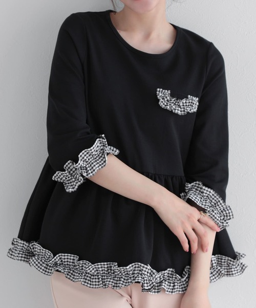Fit more(フィットモア)の「チェックフリル七分袖トップス(その他トップス・レディース・グレー/ホワイト/ブラック・FREE)」の5枚目の写真