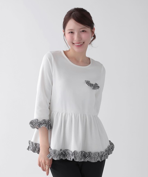 Fit more(フィットモア)の「チェックフリル七分袖トップス(その他トップス・レディース・グレー/ホワイト/ブラック・FREE)」の7枚目の写真