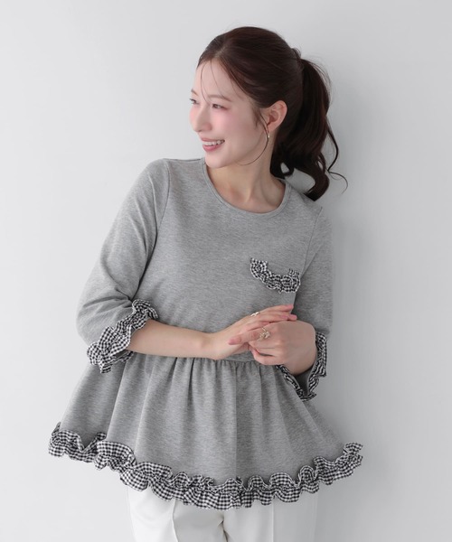 Fit more(フィットモア)の「チェックフリル七分袖トップス(その他トップス・レディース・グレー/ホワイト/ブラック・FREE)」の10枚目の写真