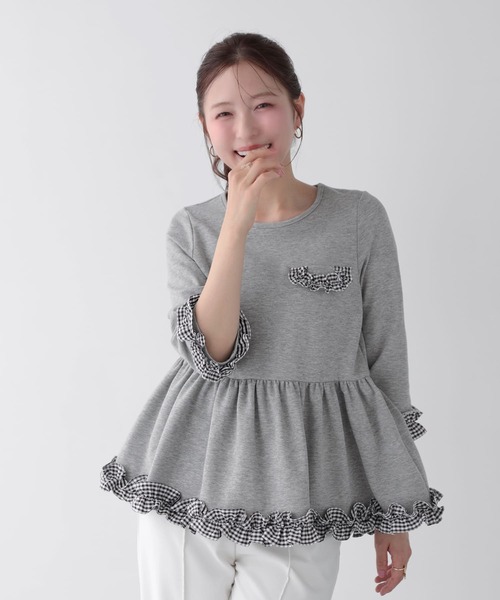 Fit more(フィットモア)の「チェックフリル七分袖トップス(その他トップス・レディース・グレー/ホワイト/ブラック・FREE)」の12枚目の写真