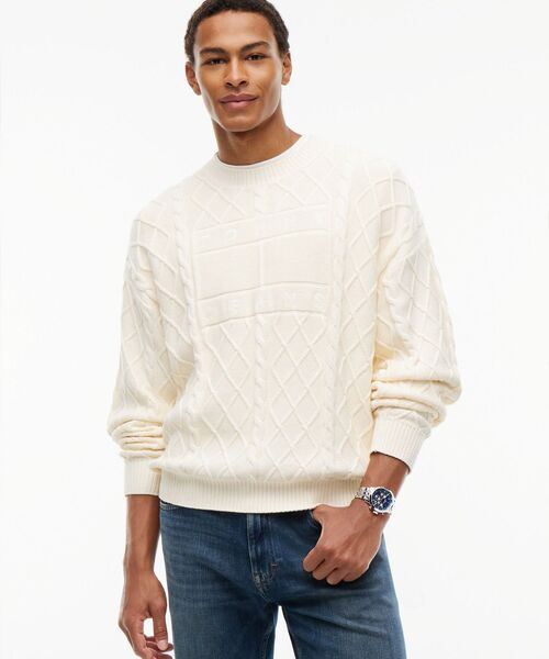 tommy jeans(トミー ジーンズ)の「TJM RLX FLAG CABLE SWEATER EXT(ニット/セーター・メンズ・ネイビー/ホワイト・SMALL/MEDIUM/LARGE)」の1枚目の写真