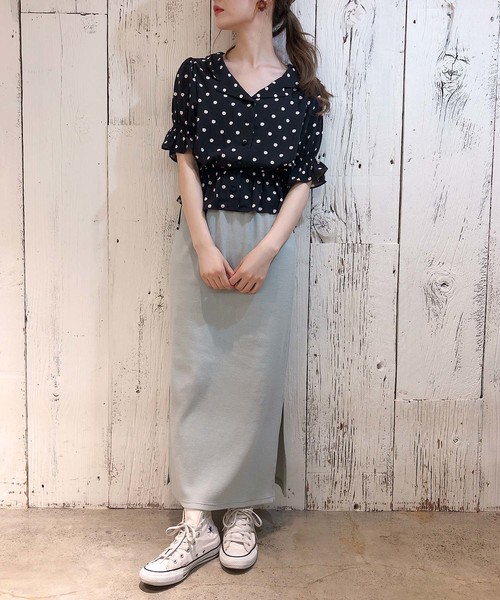 one after another NICE CLAUP（ワンアフターアナザーナイスクラップ）の「小紋花柄開襟ブラウス（シャツ/ブラウス・レディース・ブラック/サックスブルー/コーラルピンク・FREE）」の12枚目の写真