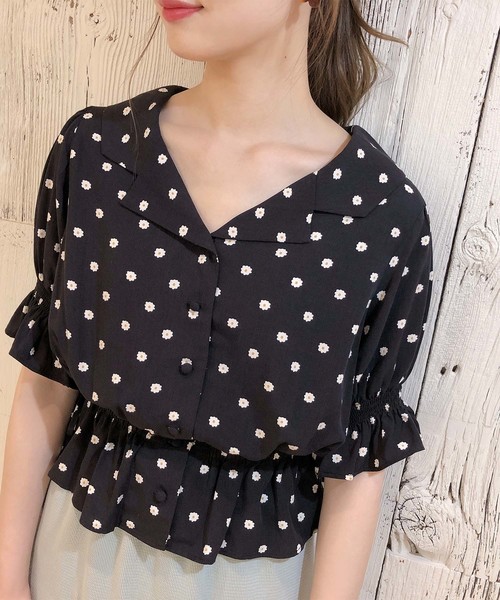 one after another NICE CLAUP（ワンアフターアナザーナイスクラップ）の「小紋花柄開襟ブラウス（シャツ/ブラウス・レディース・ブラック/サックスブルー/コーラルピンク・FREE）」の15枚目の写真