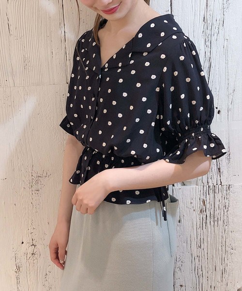 one after another NICE CLAUP（ワンアフターアナザーナイスクラップ）の「小紋花柄開襟ブラウス（シャツ/ブラウス・レディース・ブラック/サックスブルー/コーラルピンク・FREE）」の16枚目の写真