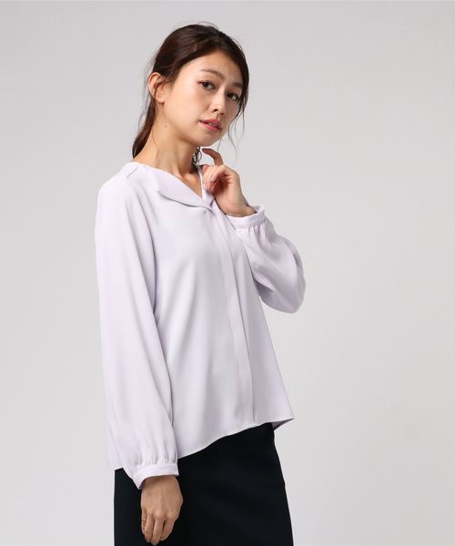 12Twelve Agenda(トゥエルブ アジェンダ)の「折り返しノーカラーブラウス(シャツ/ブラウス・レディース・ネイビー/オフホワイト/ラベンダー・M)」の3枚目の写真