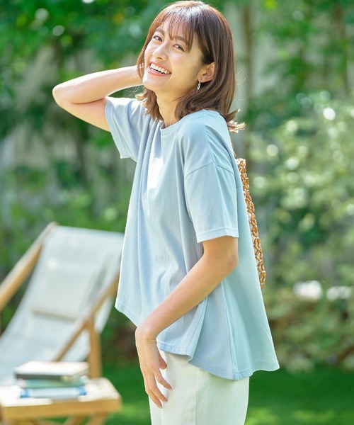 KOBE LETTUCE（コウベレタス）の「撥水加工汗染み防止AラインTシャツ　[アセリア]（Tシャツ/カットソー・レディース・チャコールグレー/ベージュ/オフホワイト/ホワイト×ブラック/ブルー系その他・FREE）」の9枚目の写真