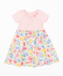 シャーリング天竺とタイプライター花プリントドッキングワンピース(100-130cm)