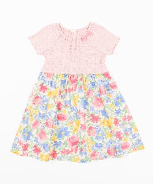 KP(ケーピー)の「シャーリング天竺とタイプライター花プリントドッキングワンピース(100-130cm)(ワンピース・キッズ・ブルー/ベビーピンク・130cm/100cm/120cm/110cm)」の1枚目の写真