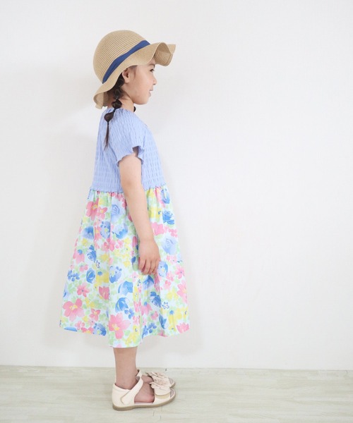 KP(ケーピー)の「シャーリング天竺とタイプライター花プリントドッキングワンピース(100-130cm)(ワンピース・キッズ・ブルー/ベビーピンク・130cm/100cm/120cm/110cm)」の9枚目の写真