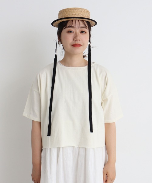aimer le mieux(エメルミュー)の「aimer ショート丈 製品染めボートネックプルオーバー(Tシャツ/カットソー・レディース・ブラック/ブラウン/イエロー/アイボリー/ボルドー・FREE)」の2枚目の写真