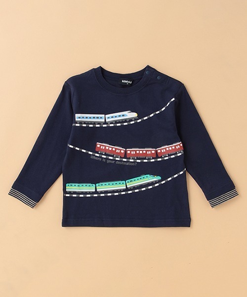kladskap(クレードスコープ)の「電車プリント長袖Tシャツ(Tシャツ/カットソー・キッズ・ネイビー/アイボリー・90cm/120cm/110cm/80cm/130cm/100cm)」の1枚目の写真