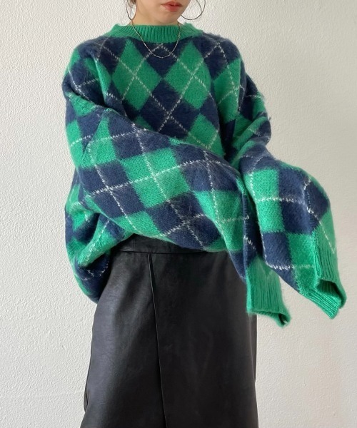 wee9s（ウィークス）の「over size argyle knit / オーバーサイズアーガイルニット（ニット/セーター・レディース・グリーン/ブラウン・FREE）」の2枚目の写真