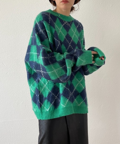 wee9s（ウィークス）の「over size argyle knit / オーバーサイズアーガイルニット（ニット/セーター・レディース・グリーン/ブラウン・FREE）」の13枚目の写真