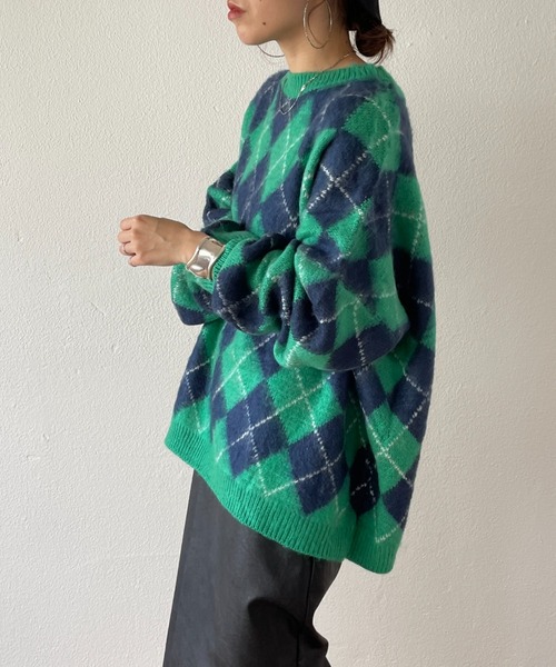 wee9s（ウィークス）の「over size argyle knit / オーバーサイズアーガイルニット（ニット/セーター・レディース・グリーン/ブラウン・FREE）」の17枚目の写真