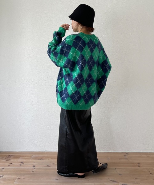 wee9s（ウィークス）の「over size argyle knit / オーバーサイズアーガイルニット（ニット/セーター・レディース・グリーン/ブラウン・FREE）」の19枚目の写真