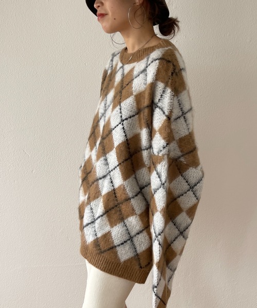 wee9s（ウィークス）の「over size argyle knit / オーバーサイズアーガイルニット（ニット/セーター・レディース・グリーン/ブラウン・FREE）」の6枚目の写真