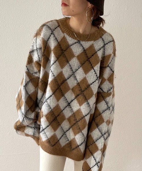 wee9s（ウィークス）の「over size argyle knit / オーバーサイズアーガイルニット（ニット/セーター・レディース・グリーン/ブラウン・FREE）」の8枚目の写真