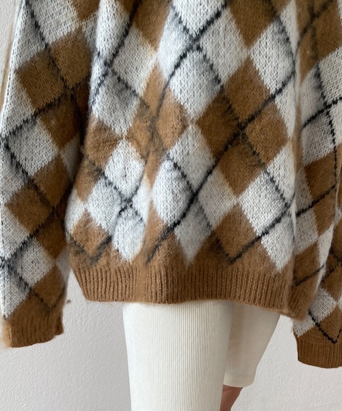 wee9s（ウィークス）の「over size argyle knit / オーバーサイズアーガイルニット（ニット/セーター・レディース・グリーン/ブラウン・FREE）」の9枚目の写真