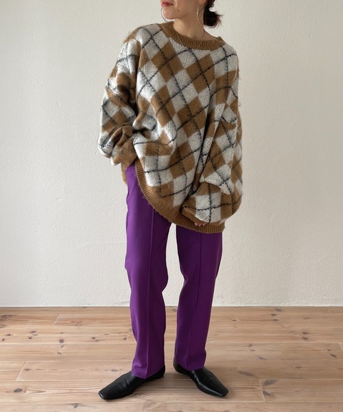 wee9s（ウィークス）の「over size argyle knit / オーバーサイズアーガイルニット（ニット/セーター・レディース・グリーン/ブラウン・FREE）」の5枚目の写真
