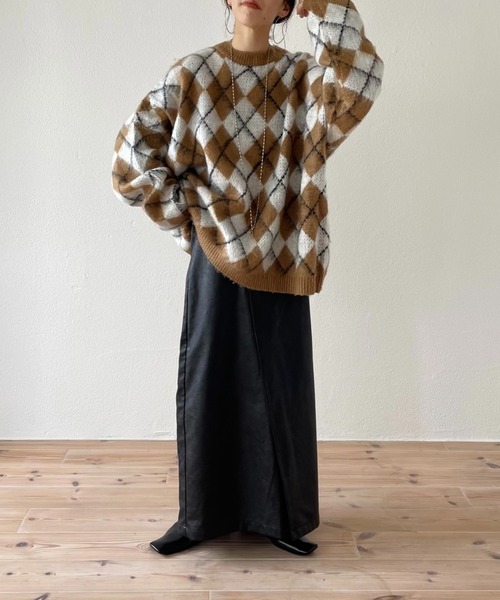 wee9s（ウィークス）の「over size argyle knit / オーバーサイズアーガイルニット（ニット/セーター・レディース・グリーン/ブラウン・FREE）」の3枚目の写真
