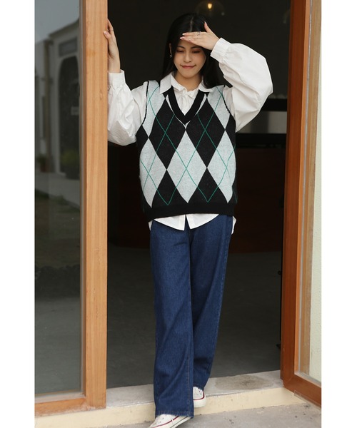 MAISON SPECIAL◆ニットベスト(厚手)/FREE/ウール/BLU/無地/21222365201 SALE】Bicolor Knit Vest