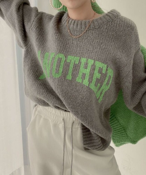 meJane（ミージェーン）の「ビックロゴ ニットプルオーバー（ニット/セーター・レディース・オフホワイト/グレー/モカ/グリーン/ピンク・FREE）」の6枚目の写真